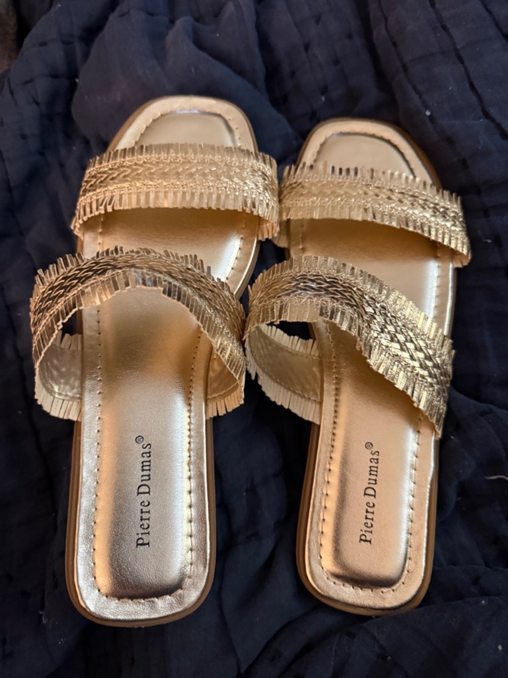 Pierre Dumas Metallic Gold Fringe Double-Strap Slide Sandals - Women